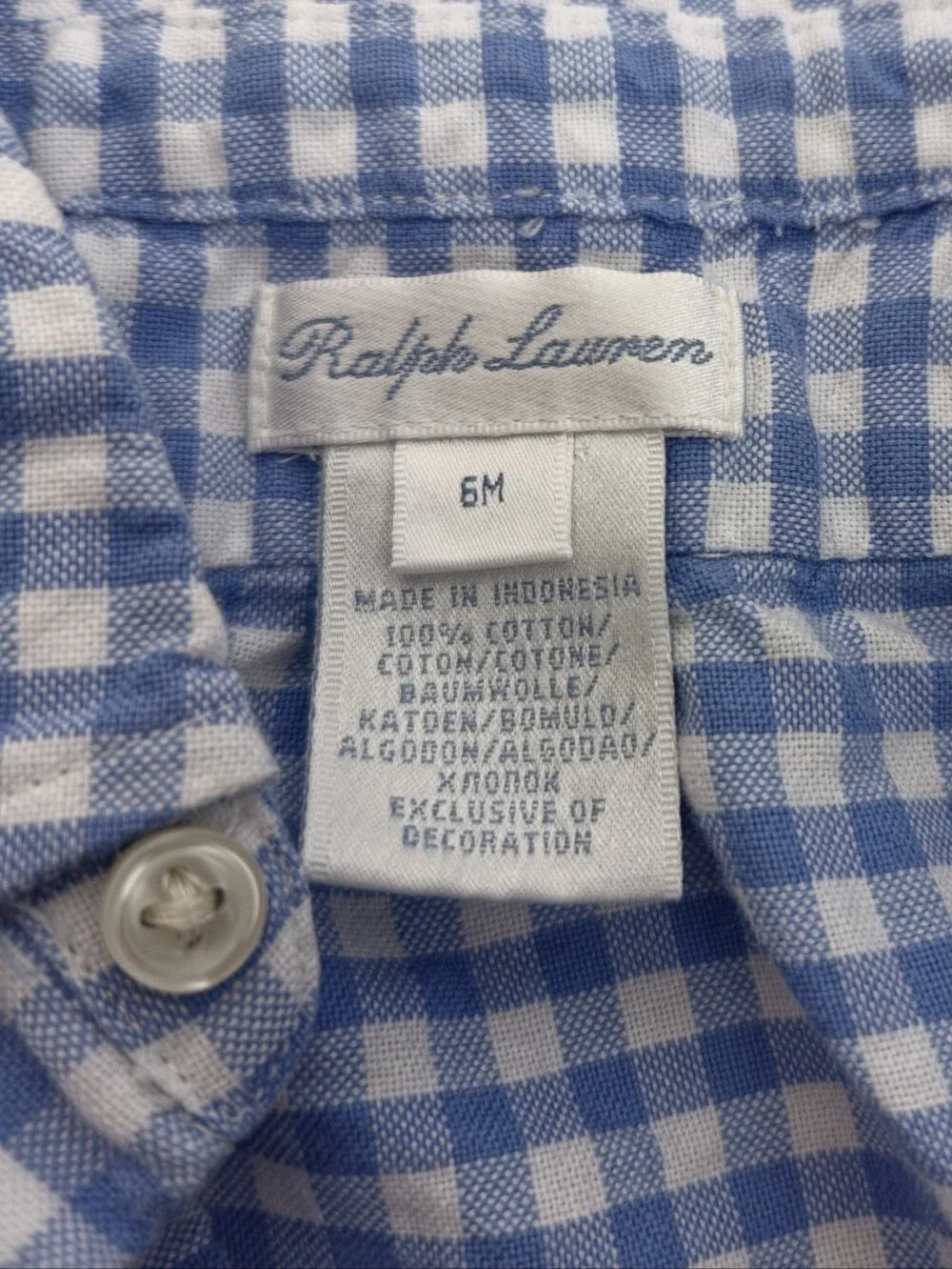 Ralph Lauren Blue and White Gingham Button-Down Shirt for Kids 6M